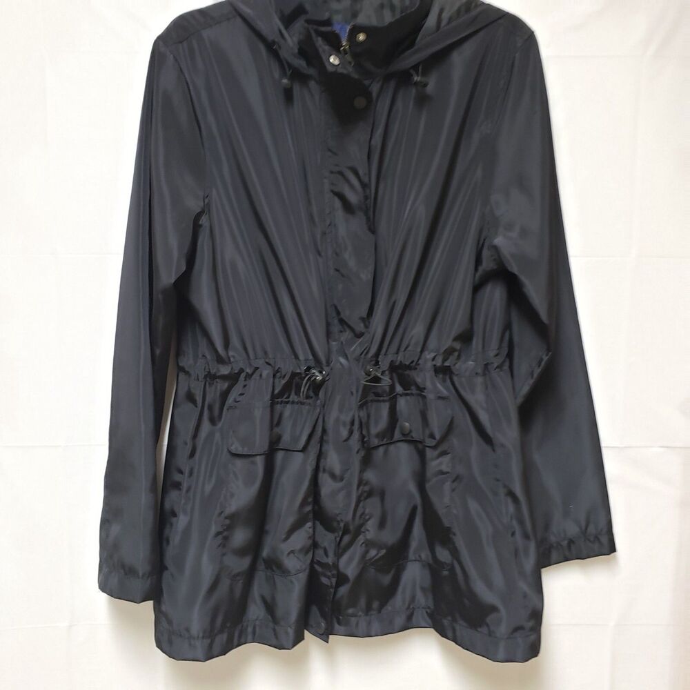 Basic Edition Women's Rain Coat Windbreaker Black Hooded Sz L Pre Owned Good